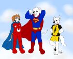 abs absurd_res beagle bolt_(bolt) bolt_(film) canid canine canis cape clothing cloud collar disney doggettdouglasmcdog domestic_dog flying group hi_res hunting_dog krypto male mammal muscular scent_hound sky superhero supersuit trio underdog white_dog