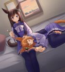  2girls absurdres animal_ears bow bowtie breasts brown_hair dutch_angle ear_bow ear_cleaning hair_ornament highres horse_ears horse_girl horseshoe_ornament large_breasts long_hair long_sleeves lying mejiro_dober_(umamusume) mimikaki multiple_girls pleated_skirt ponytail purple_eyes purple_shirt purple_skirt purple_thighhighs sailor_collar sailor_shirt school_uniform shirt sitting skirt sleeping star_(symbol) star_hair_ornament taiki_shuttle_(umamusume) thighhighs tracen_school_uniform umamusume white_bow white_bowtie yamada_(c57hikaru) 