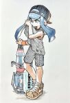  1girl aqua_eyes backwards_hat bandaid bandaid_on_face bandaid_on_nose baseball_cap blue_hair commentary_request full_body gun hat heavy_edit_splatling_(splatoon) highres inkling inkling_girl inkling_player_character long_hair minamo_(trr) pointy_ears shoes shorts simple_background solo splatoon_(series) splatoon_3 standing tentacle_hair traditional_media weapon white_background 