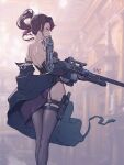  1girl absurdres asymmetrical_legwear bare_back bare_shoulders black_pantyhose black_thighhighs blurry blurry_background bright_pupils commentary_request eyebrow_cut feet_out_of_frame from_behind high_ponytail highres holding holding_weapon huixing_chloy humanization legs_together m6_heavy_tank mechanical_arms medium_hair mismatched_legwear off_shoulder original pantyhose pouch profile prosthesis prosthetic_arm purple_hair radio_antenna red_eyes single_leg_pantyhose single_mechanical_arm single_thighhigh solo standing thigh_pouch thighhighs weapon world_of_tanks 