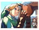  1boy 1girl ^_^ animal blonde_hair blue_eyes blush border brown_gloves brown_hair closed_eyes day epona fingerless_gloves gloves green_hat hat highres horse jewelry link long_hair male_focus malon navi open_mouth outdoors own_hands_together pointy_ears the_legend_of_zelda the_legend_of_zelda:_ocarina_of_time wahootarou white_border 