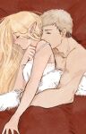  1boy 1girl blonde_hair closed_eyes commentary_request dated dungeon_meshi elf hetero hug hug_from_behind laios_touden light_brown_hair likezs long_hair marcille_donato muscular muscular_male nightgown pointy_ears short_hair sleeping topless_male under_covers very_long_hair white_nightgown 