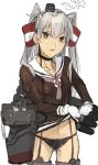  1girl amatsukaze_(kantai_collection) blush brown_dress brown_eyes dress fukazaki garter_straps gloves hair_tubes highres kantai_collection long_hair looking_at_viewer machinery rigging sailor_dress shirt silver_hair simple_background solo thighhighs two_side_up wet wet_clothes wet_shirt 