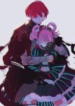  1boy 1girl blue_dress blunt_bangs byleth_(fire_emblem) byleth_(male)_(fire_emblem) covering_face dark_persona dress fire_emblem fire_emblem:_three_houses fire_emblem_engage hair_rings hands_on_own_face highres hortensia_(fire_emblem) hug hug_from_behind juliet_sleeves long_sleeves multicolored_hair pink_hair puffy_sleeves red_eyes red_hair sasaki_(dkenpisss) short_hair striped_clothes striped_dress two-tone_hair white_background 