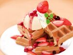  food food_focus fruit lowres no_humans original pitomi plate strawberry strawberry_syrup syrup waffle 