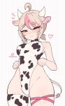  1girl absurdres ahoge animal_ears animal_print ass_visible_through_thighs bare_arms bare_hips bare_shoulders belt_collar blush breasts brown_eyes closed_mouth collar cow_ears cow_girl cow_horns cow_print cow_tail cowboy_shot cremanata cremavatar from_below grid_background hair_between_eyes half-closed_eyes heart heart_print highleg highleg_leotard highres horns leg_ribbon leotard leotard_pull medium_breasts medium_hair original pink_hair pink_ribbon ribbon short_eyebrows short_twintails sideboob single_thighhigh skindentation solo sweat tail thick_eyebrows thigh_ribbon thighhighs twintails 
