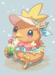  absurdres beak bird blush chick cup drinking_straw final_fantasy final_fantasy_vii final_fantasy_vii_rebirth final_fantasy_vii_remake flower flower_necklace full_body highres nullma orange_feathers pokemon pokemon_(creature) signature solo talons torchic visor_cap white_hair 