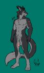 anthro balls genitals hi_res horn hunterramirez male male/male nude penis sergal smile solo standing