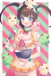  1girl :d :o ahoge alcremie alcremie_(matcha_cream) alcremie_(ruby_cream) alcremie_(strawberry_sweet) alcremie_(vanilla_cream) apron artist_name bell blue_eyes blush bow bowl bowtie bracelet breasts brown_hair buttons choker cleavage closed_mouth crossover dress fang food food-themed_hair_ornament frilled_apron frills fruit gogat8 green_bracelet green_choker hair_ornament holding holding_bowl holding_whisk jewelry jingle_bell large_breasts looking_at_viewer minori_(senran_kagura) neck_bell on_head on_shoulder open_mouth orange_thighhighs pink_background pokemon pokemon_(creature) pokemon_on_head pokemon_on_shoulder pokemon_swsh puffy_short_sleeves puffy_sleeves red_bow red_bowtie red_eyes ribbon-trimmed_dress ribbon-trimmed_sleeves ribbon_trim ring_hair_ornament senran_kagura senran_kagura_shinovi_versus short_sleeves smile strawberry strawberry_hair_ornament striped_background thighhighs twintails twitter_username two-tone_background waist_bow whisk 