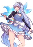  absurdres blue_eyes blueriest commission commissioner_upload flower highres holding holding_sword holding_weapon legs long_hair long_sleeves rwby sash scar skirt solo sword very_long_hair weapon weiss_schnee white_hair white_sash 