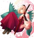  1girl ahoge black_ribbon boots bow brown_bow cherry_blossoms cross-laced_footwear fate/grand_order fate_(series) haori highres japanese_clothes katana lace-up_boots looking_at_viewer migiha obi okita_souji_(fate) okita_souji_(fate)_(all) pink_hair red_skirt ribbon sash skirt solo sword type-moon weapon white_background wide_sleeves yellow_eyes 