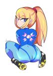  1girl absurdres artist_name ass back bbycheese blonde_hair blue_bodysuit blue_eyes bodysuit from_behind high_heels highres long_hair looking_back metroid ponytail samus_aran signature simple_background sitting skin_tight solo wariza zero_suit 