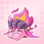 closed_eyes closed_mouth copy_ability dragon_claw dragon_fire_kirby dragon_horns dragon_wings fire fire_kirby highres horns kirby kirby_(series) kirby_and_the_forgotten_land lying on_stomach pastel_colors pink_background pink_fire pink_wings sleeping towara6316 twitter_username wings 