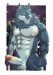  5_fingers abs absurd_res anthro ardolf areola balls biped canid canine canis countershade_arms countershade_face countershade_fur countershade_torso countershading erection eye_scar eyebrows facial_scar fingers fur genitals glans grey_body grey_fur hi_res humanoid_genitalia humanoid_penis male mammal monsterplus muscular muscular_anthro muscular_male nipples pecs penis scar solo vein veiny_penis wolf 