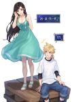  1boy 1girl black_hair blonde_hair blue_dress blush breasts cleavage cloud_strife dress earrings final_fantasy final_fantasy_vii final_fantasy_vii_remake highres jewelry ohse open_mouth ponytail sandals simple_background sitting smile standing tifa_lockhart translation_request younger 