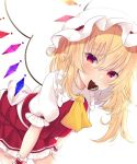  ascot blonde_hair bow candy chocolate chocolate_heart commentary crystal eyebrows_visible_through_hair flandre_scarlet food food_in_mouth frilled_shirt frilled_shirt_collar frilled_skirt frilled_sleeves frills hat hat_ribbon heart leaning_forward looking_at_viewer medium_hair mob_cap one_side_up puffy_short_sleeves puffy_sleeves red_bow red_eyes red_ribbon red_skirt red_vest ribbon shirt short_sleeves side_ponytail simple_background skirt skirt_set tosakaoil touhou vest white_background white_shirt wings wrist_cuffs yellow_neckwear 