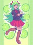  1girl :3 black_jacket brown_footwear buttons cake cake_slice donuqx fang food fork fruit green_background green_hair green_theme hair_ribbon highres holding holding_fork holding_plate jacket juliet_sleeves leg_up light_blush lime_(fruit) lime_(witch&#039;s_heart) long_hair long_sleeves looking_at_viewer open_mouth outline plate pleated_skirt puffy_sleeves red_eyes red_ribbon red_skirt ribbon short_twintails skirt solo twintails very_long_hair white_outline witch&#039;s_heart 