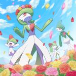  blue_sleeves closed_eyes cloud colored_skin evolutionary_line flower_bed full_body gallade gardevoir green_skin head_wreath holding_hands kirlia looking_up multicolored_skin no_humans petals pokemon pokemon_(creature) ralts red_eyes red_skin wataame4907 white_skin 