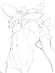  2024 anthro arm_warmers armwear bandai_namco breasts clothing digimon digimon_(species) female lakeslug looking_at_viewer low-angle_view navel neck_tuft nipples raised_arm renamon solo tuft 
