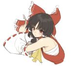  1girl bandages bare_shoulders black_hair bow chest_sarashi commentary_request detached_sleeves hair_bow hair_tubes hakurei_reimu long_hair long_sleeves looking_at_viewer ranma_(kamenrideroz) red_bow red_eyes red_shirt sarashi shirt simple_background solo touhou upper_body white_background 