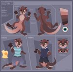  2020 4_toes 5_fingers anthro black_lips blue_border blue_eyes border brown_body brown_fur digital_media_(artwork) english_text eyewear fingers fur glasses hi_res kitchiki lips lutrine male mammal model_sheet mustelid open_mouth smile solo teeth text toes tongue 