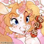  1:1 2023 accessory anthro blue_eyes bow_ribbon buckteeth candy cherry_blossom chocolate chocolate-covered_strawberry clothed clothing dessert female ferwanwan food fruit furgonomics holding_food holding_object horn horn_accessory horn_bow horn_ribbon icon lagomorph leporid low_res mammal neck_bow open_mouth open_smile plant rabbit ribbons smile solo spots strawberry teeth 