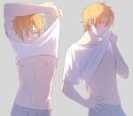  absurdres blonde_hair blush closed_mouth clothes_lift green_eyes grey_pants hachiten hair_between_eyes highres multicolored_hair navel nipples one_eye_closed orange_hair pants project_sekai shinonome_akito shirt shirt_lift stomach t-shirt undressing white_shirt 