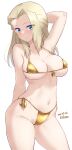  1girl arm_behind_back arm_up bikini blonde_hair blue_eyes breasts cameltoe clara_(girls_und_panzer) contrapposto covered_nipples dated forehead girls_und_panzer gold_bikini grin hair_intakes highres kuzuryuu_kennosuke large_breasts looking_at_viewer micro_bikini parted_lips side-tie_bikini_bottom simple_background smile solo strap_gap swimsuit white_background 