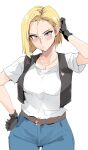  1girl android_18 blonde_hair blue_eyes blush breasts cleavage collarbone denim dragon_ball dragon_ball_z earrings forehead highres jeans jewelry large_breasts looking_at_viewer pants short_hair short_sleeves solo vest zekkyon 