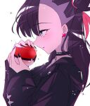  1girl asymmetrical_bangs black_choker black_hair black_jacket black_nails choker earrings from_side green_eyes highres holding holding_poke_ball jacket jewelry marie_(pixiv59672544) marnie_(pokemon) parted_lips poke_ball poke_ball_(basic) pokemon profile solo stud_earrings undercut upper_body 