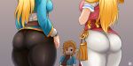  1boy 2girls artist_name ass ass_focus blonde_hair blurry breasts depth_of_field dual_persona fingerless_gloves from_behind gloves grey_background highres jmg link long_hair lower_body multiple_girls pants pantylines pointy_ears princess_zelda sideboob the_legend_of_zelda the_legend_of_zelda:_a_link_to_the_past the_legend_of_zelda:_breath_of_the_wild thick_thighs thighs thinking_emoji tight tight_pants 