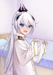  +_+ 1girl ahoge bed bedroom blue_eyes blush commission earrings embarrassed english_commentary hair_ornament highres honkai_(series) honkai_impact_3rd indoors jacket jewelry kiana_kaslana kiana_kaslana_(herrscher_of_flamescion) kyrinnneee long_hair long_sleeves looking_at_viewer open_mouth pillow second-party_source solo very_long_hair white_hair white_jacket 
