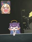  &gt;_&lt; 2girls :d absurdres blonde_hair blush_stickers chibi drum drum_set english_commentary fan_screaming_at_madison_beer_(meme) fang halo highres hololive hololive_english instrument meme microphone mpien multicolored_hair multiple_girls ninomae_ina&#039;nis open_mouth orange_hair pointy_ears ponytail purple_hair shiranui_flare shirt sitting smile streaked_hair t-shirt takodachi_(ninomae_ina&#039;nis) tears tentacle_hair white_hair xd 