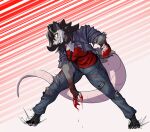  american_opossum anthro blood blood_on_face blood_splatter bodily_fluids breasts claws clothed clothing ear_piercing ear_ring father_hill female fist fur hair hi_res jacket mammal marsupial piercing ring_piercing simple_background solo tail topwear 