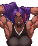  absurdres arms_behind_back bleach breasts dark_skin fangs highres large_breasts long_hair milka01477 muscular muscular_female orange_eyes purple_hair shihouin_yoruichi smile 