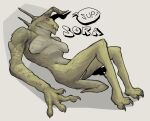  anthro bethesda_softworks big_hands breasts broad_shoulders claws deathclaw fallout featureless_breasts female genitals green_body green_skin horn lying md34 microsoft nude pussy red_eyes scalie sharp_teeth short_tail solo spikes spikes_(anatomy) tail teeth yellow_body yellow_skin 