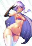  1girl absurdres bikini black_gloves blush breasts cape commentary_request elbow_gloves floating_hair gloves highres looking_at_viewer navel nicchi purple_cape purple_eyes purple_hair red_bikini short_hair_with_long_locks small_breasts smile solo swimsuit thighhighs vocaloid voiceroid white_thighhighs yuzuki_yukari 