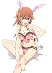 1girl animal_ears bangs barefoot bed_sheet blue_eyes bra breasts bunny_ears charlotte_e_yeager cleavage commentary crossed_legs crotch_seam eyebrows_visible_through_hair frilled_bra frilled_panties frills grabbing_own_breast long_hair looking_at_viewer nanashino navel on_bed open_mouth orange_hair panties pink_bra pink_panties simple_background sitting smile solo strike_witches tail underwear underwear_only white_background world_witches_series 