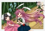  ? ?? anger_vein animal_ears bamboo bamboo_forest black_hair closed_eyes dirt_road forest highres inaba_tewi katana keiki8296 konpaku_youmu long_hair looking_at_viewer medium_hair nature one_eye_closed open_mouth path purple_hair rabbit_ears rabbit_tail red_eyes reisen_udongein_inaba road sheath sheathed sword tail touhou very_long_hair weapon 
