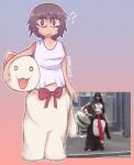  2girls :3 :| ? arm_at_side azumanga_daioh bare_shoulders brown_eyes brown_hair character_costume closed_mouth dark-skinned_female dark_skin donkey_kong english_commentary expressionless full_body gradient_background highres holding_mascot_head kagura_(azumanga_daioh) looking_at_viewer mascot_costume mascot_head medium_hair multiple_girls necktie nokojuice red_necktie red_ribbon reference_inset ribbon shirt signature sleeveless standing tank_top white_shirt 