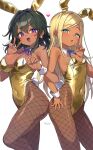  2girls :o animal_ears aqua_eyes bare_shoulders black_hair blue_ribbon blush breasts cleavage covered_navel dark-skinned_female dark_skin detached_collar earrings fake_animal_ears fishnet_pantyhose fishnets gold_leotard highres idolmaster idolmaster_cinderella_girls jewelry large_breasts layla_(idolmaster) looking_at_viewer medium_hair multiple_girls natalia_(idolmaster) neck_ribbon pantyhose purple_eyes purple_ribbon rabbit_ears ribbon simple_background small_breasts sun_earrings trente twitter_username v white_background 