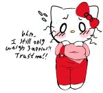  anthro belly blush clothing domestic_cat english_text felid feline felis female fur hello_kitty_(character) hello_kitty_(series) kittystarr mammal nervous nervous_sweat overalls overweight overweight_female sanrio solo text white_body white_fur 