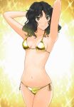  1girl alternate_costume amagami arms_behind_head arms_up bikini black_hair breasts commentary_request curly_hair gold_bikini golden_week highres looking_at_viewer medium_breasts messy_hair navel open_mouth parted_lips shiny_swimsuit simple_background smile solo sparkle_background stomach string_bikini swimsuit takemi_kaoru tanamachi_kaoru wavy_hair 