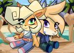 activision anthro bandicoot belt canid canine canis cephei cephei_grant chibi clothing coco_bandicoot computer crash_bandicoot_(series) detailed_background dockyard duo electronics female forest hand_holding jackal jungle laptop looking_at_viewer male mammal marsupial outside overalls plant shortstacksneverdie sitting smile tree