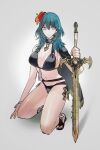  1girl bikini black_bikini black_footwear blue_eyes blue_hair breasts byleth_(female)_(fire_emblem) byleth_(female)_(summer)_(fire_emblem) byleth_(fire_emblem) fire_emblem fire_emblem:_three_houses fire_emblem_heroes flower grey_background hair_flower hair_ornament highres holding holding_sword holding_weapon kneeling large_breasts long_hair looking_at_viewer nail_polish navel red_flower red_nails sandals smile solo stomach swimsuit sword sword_of_the_creator thighs toenail_polish toenails tsukimura_noe weapon 