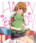  1girl absurdres box brown_eyes brown_hair collared_shirt dress_shirt gekota gift gift_box grey_skirt happy_birthday highres hugging_doll hugging_object loose_socks misaka_mikoto pleated_skirt school_uniform shirt short_hair skirt socks solo stuffed_animal stuffed_frog stuffed_toy summer_uniform text_background toaru_kagaku_no_railgun toaru_majutsu_no_index tokiwadai_school_uniform white_background white_shirt white_socks yoren 