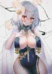  1girl arm_behind_back azur_lane bangs bare_hips blurry blurry_background blush braid breast_curtains breasts cape cleavage closed_mouth cowboy_shot depth_of_field eyebrows_visible_through_hair flower gloves hair_between_eyes hair_flower hair_ornament hanato_(seonoaiko) hand_on_own_chest highres large_breasts looking_at_viewer petals red_eyes revealing_clothes ribbon rose short_hair silver_hair sirius_(azur_lane) sirius_(azure_horizons)_(azur_lane) solo sparkle tree_branch twitter_username white_cape white_gloves yellow_flower yellow_ribbon yellow_rose 