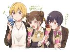  3girls blonde_hair blue_hair blush bow brown_hair cellphone commentary_request crepe dark_blue_hair double_bun food food_theft hair_bun higawari_(higawarikn) highres holding holding_food holding_phone idolmaster idolmaster_shiny_colors looking_at_food looking_at_phone morino_rinze multiple_girls musical_note neck_ribbon phone pink_bow ribbon saijo_juri school_uniform shirt simple_background sonoda_chiyoko sparkle striped_bow sweater_vest translation_request twintails upper_body white_background white_shirt yellow_ribbon 