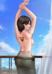  1girl absurdres back_tattoo bandages belt black_hair blue_pants breasts cinder_fall commission commissioner_upload eryx45 highres looking_at_viewer looking_back naughty_face pants rwby sideboob smirk solo stretching tattoo topless yellow_eyes 