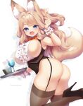  1girl animal_ear_fluff animal_ear_piercing animal_ears armpits artist_name ass black_leotard blonde_hair blue_eyes bow bowtie breastless_leotard breasts brown_thighhighs center_frills drink fang fox_ears fox_girl fox_tail frills hair_intakes high_heels highres large_breasts leotard long_hair looking_back miyano_ururu nontraditional_playboy_bunny open_mouth orange_bow orange_bowtie original parted_bangs sideboob simple_background smile solo tail thighhighs twisted_torso white_background wrist_cuffs 